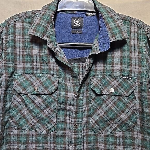 Volcom Mens Small Plaid Snap Button Up Shirt Long Sleeve Classic Fit Green Gray - Picture 3 of 10